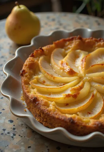 Päärynäkakku tarjoiltuna lautasella