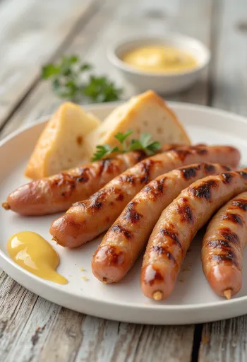 Kullanruskeaksi paistettu nakki rapealla kuorella, sinapin ja tuoreen leivän kera tarjoiltuna.