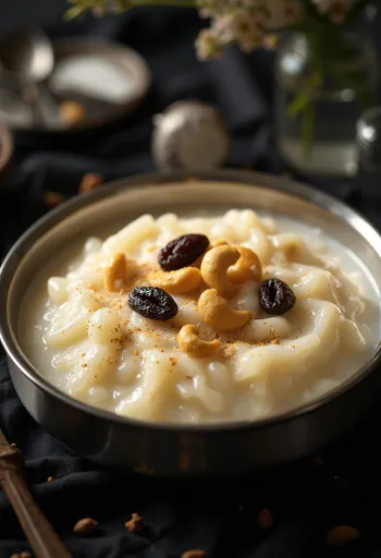 Aval payasam tarjoiltuna kookosraasteella ja rusinoilla koristeltuna