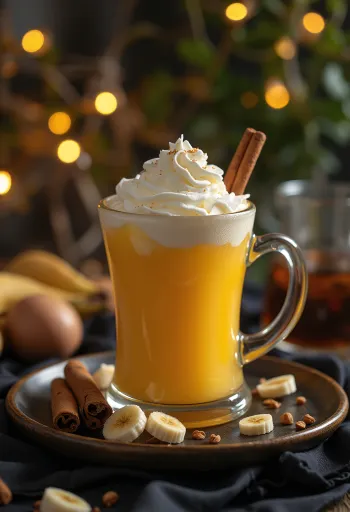 Banaani-mangosiideri lasissa tarjoiltuna