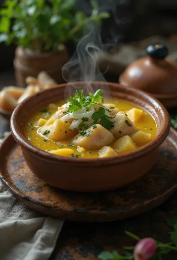 Caldeirada paraense kala-, peruna- ja munakeitto, tarjoilulautasella