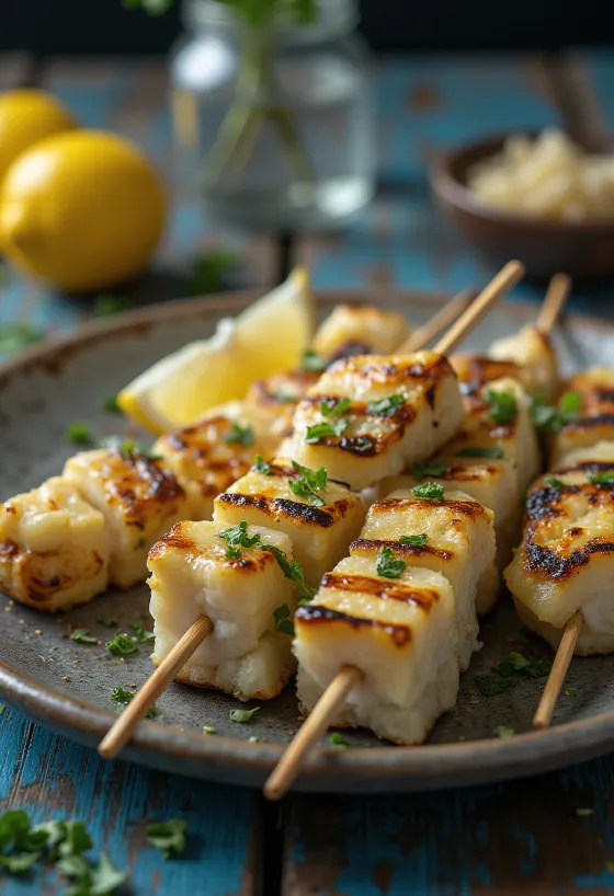 Grillattu alligaattorinliha tarjoiltuna sitruunan ja grillattujen vihannesten kera
