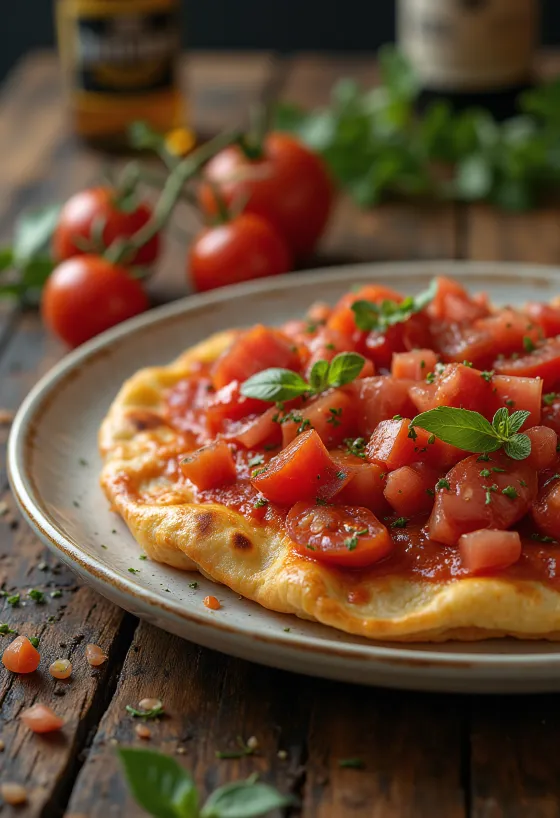 Tomaattinen lahmacun, tarjoiltuna tuoreen taikinan ja mausteisen lihatäytteen kera