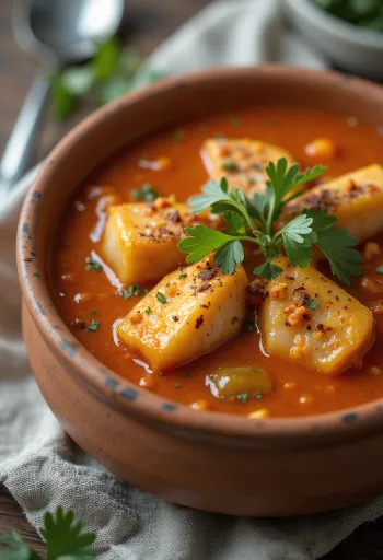 Moqueca tarjoiltuna mausteisella kastikkeella, kalalla ja kookosmaidolla