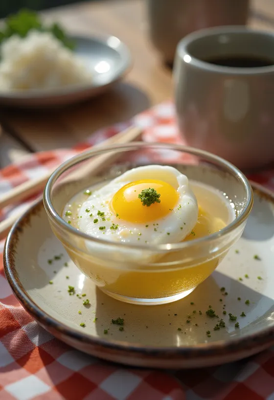 Onsen Tamago wasabilla ja soijakastike-dipillä