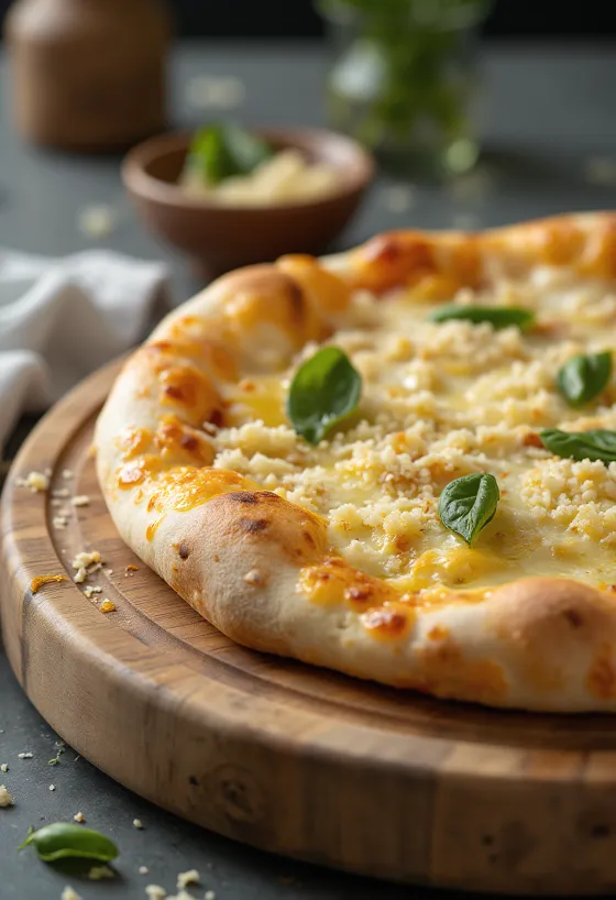 Valkoinen pizza tarjoiltuna ricottalla, mozzarellalla ja tuoreilla yrteillä