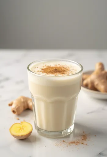 Mausteinen inkiväärikefiiri laseissa tarjoiltuna, vaalea juoma, hienosti kanelilla ripoteltuna