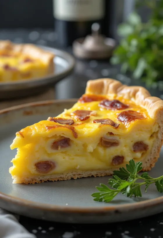 Klassinen Quiche Lorraine, rapeassa mureassa taikinassa kermainen täyte, pekonipaloja ja juustoa.