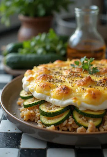 Uunissa paistettu kesäkurpitsavuoka smetanakuorrutteella ja kullanruskealla pinnalla