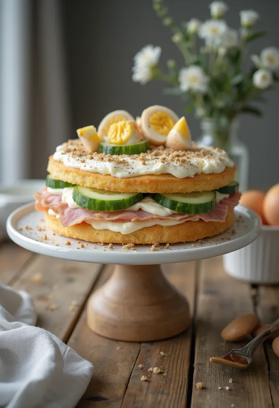 Voileipäkakku kinkulla ja kanalla tarjoiltuna