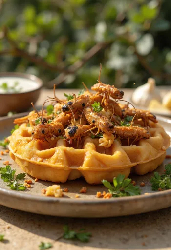 Paahdettu hyönteisvohveli sirkoilla, jauhomadoilla ja dipillä tarjoiltuna