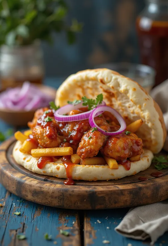 Amerikkalaistyylinen gyros-voileipä BBQ-kastikkeella, tuoreilla vihanneksilla ja ranskalaisilla