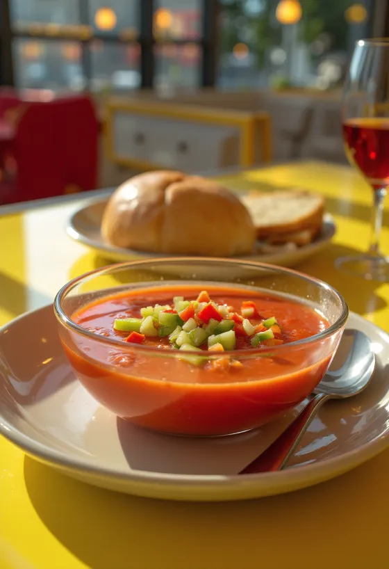 Tuore gazpacho jääkylmänä tarjoiltuna, pilkotuilla vihanneksilla koristeltuna