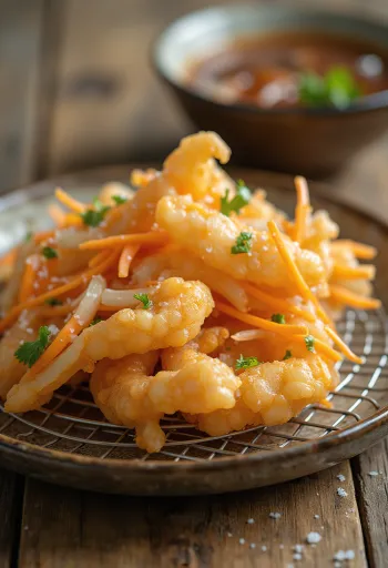 Perinteinen kakiage tarjoiltuna, kullanruskeana