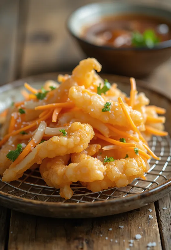 Perinteinen kakiage tarjoiltuna, kullanruskeana