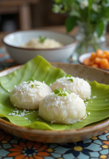 Höyrytetyt mont let pouk -leivonnaiset banaaninlehdellä