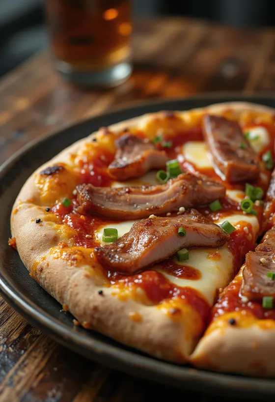 Char Siu -porsaanlihapizza tarjoiltuna