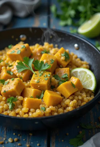Kurpitsa-kvinoa-wokki currytahinilla ja tofulla tarjoiltuna