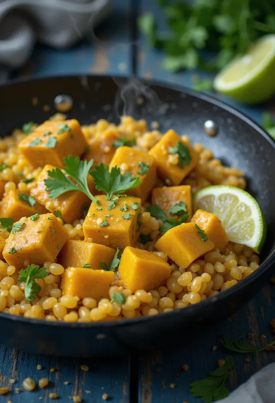 Kurpitsa-kvinoa-wokki currytahinilla ja tofulla tarjoiltuna