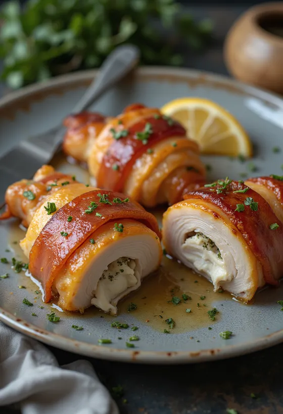 Pekoniin kääritty kananrinta tarjoiltuna höyrytettyjen vihannesten kanssa