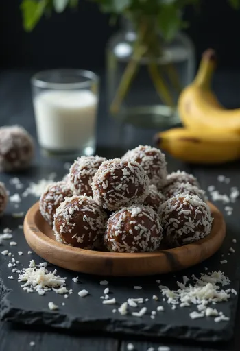 Banaani-kookospallot kulhossa tarjoiltuna