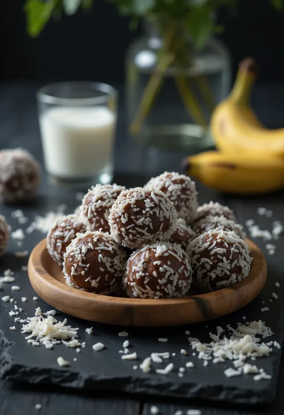 Banaani-kookospallot kulhossa tarjoiltuna