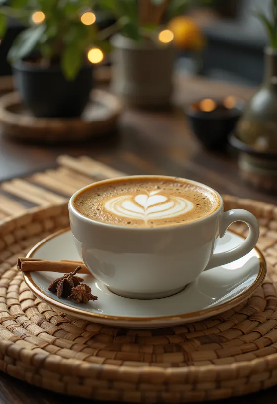 Kaneli-neilikkalatte kahvijuoma kanelitangolla ja kermavaahdolla koristeltuna