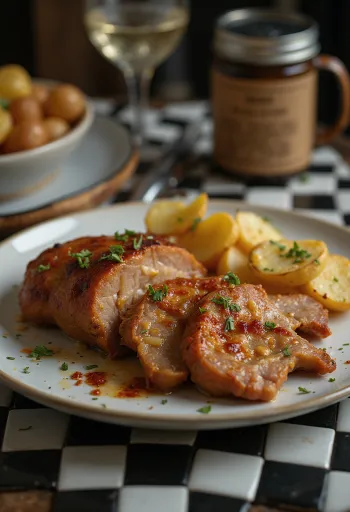 Valkosipulinen porsaan niska rapeaksi paistettuna, tuoreiden yrttien kera tarjoiltuna