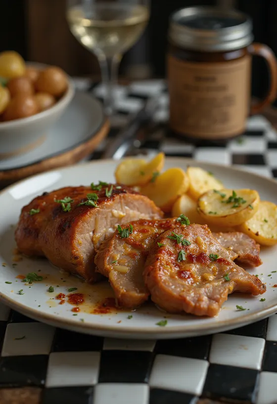 Valkosipulinen porsaan niska rapeaksi paistettuna, tuoreiden yrttien kera tarjoiltuna