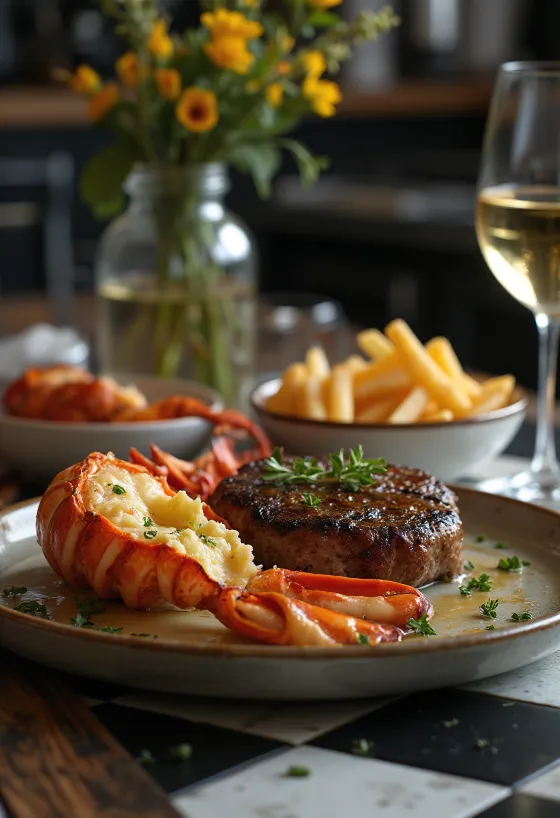 Grillattu hummeri ja pihvi, luksus surf and turf -annos