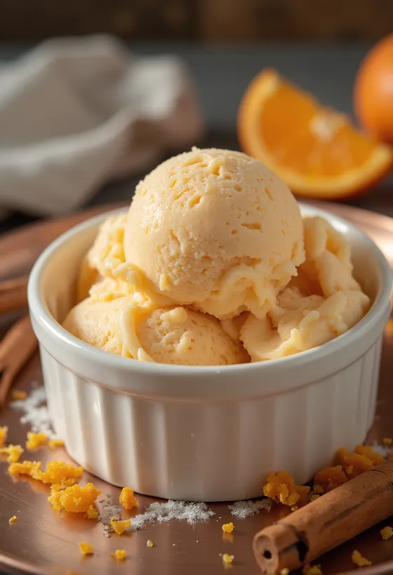 Appelsiini-kanelijäätelö tuoreilla appelsiiniviipaleilla tarjoiltuna