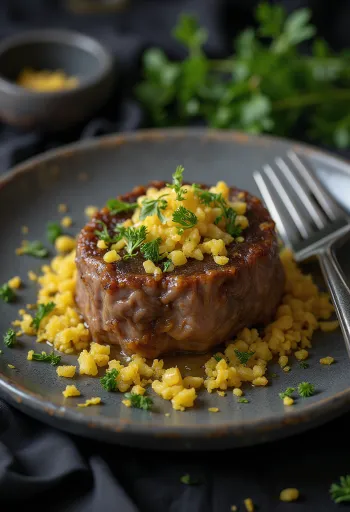 Osso buco sitruunankuorella maustettuna, gremolatalla tarjoiltuna, mehukas vasikanpotka kasviskastikkeessa