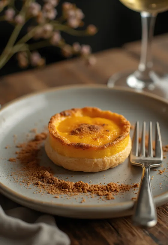 Queijada de abóbora (Kurpitsaleivos), kanelilla ja sokerilla koristeltuna