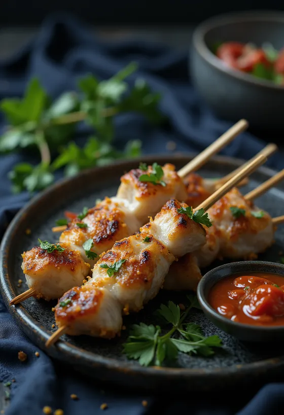 Sate kambing grillattuna, kookosmaitomarinadissa vartaassa tarjoiltuna