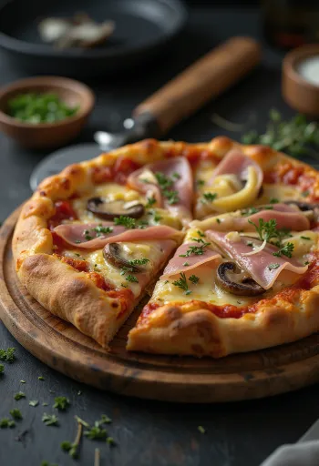 Juustoreunainen Capricciosa-pizza tarjoiltuna