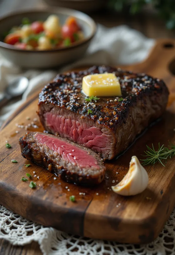 Kudu steak served with lemon wedges and vegetables.