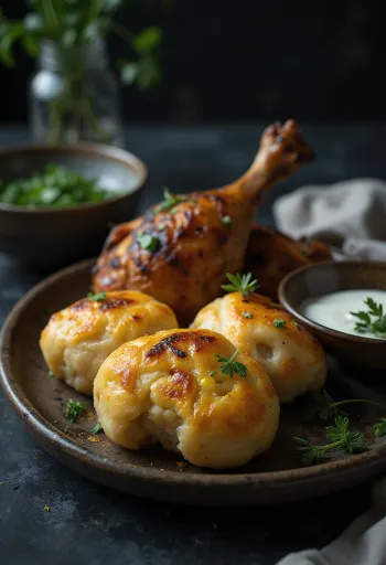 Litti-kana tuoreessa pitassa, mausteisilla kanankoivilla tarjoiltuna