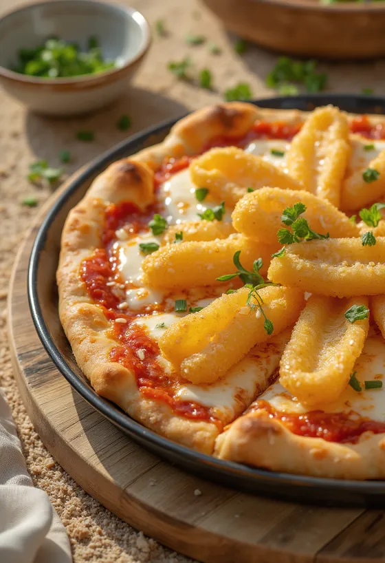 Tempuravihannespizza japanilaiseen tyyliin tarjoiltuna