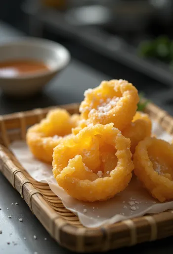 Satsumaimo tempura tuoreena tarjoiltuna, rapea ja kullanruskea lautasella