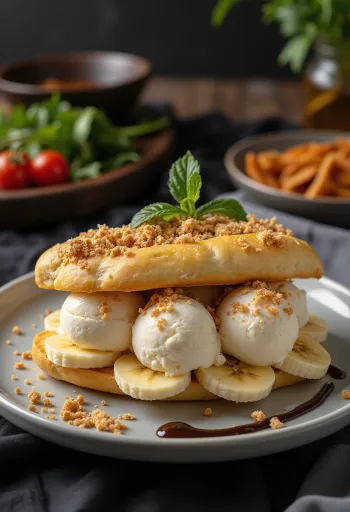 Bánh Mì Kẹp Kem jäätelövoileipä tuoreilla hedelmillä ja suklaakastikkeessa tarjoiltuna.