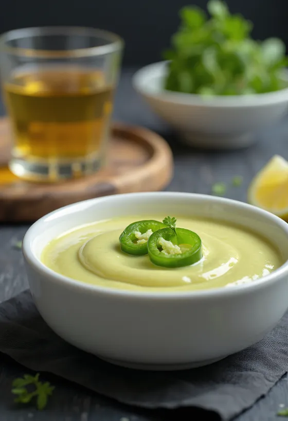 Jalapeño-sitruuna-tequilakastike tarjoiluastiassa