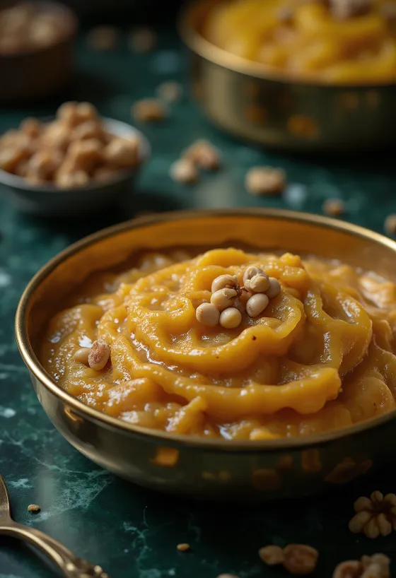 Klassinen moong dal runsailla mausteisilla mauilla, paahdetulla pähkinällä ja ruusuvedellä.