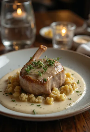 Osso buco valkosipulikastikkeella tarjoiltuna, pehmeä vasikanpotka vaaleassa, kermaisessa kastikkeessa