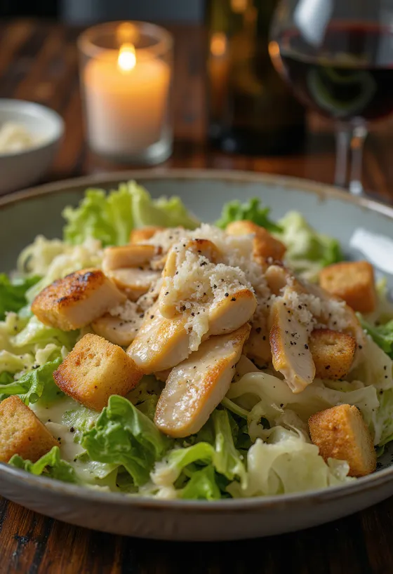 Klassinen Caesar-salaatti rapeilla krutongeilla ja parmesaanijuustolla
