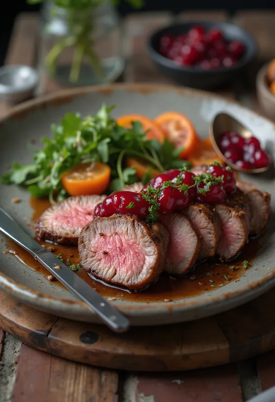Grillattu strutsinliha tarjoiltuna tuoreen salaatin kera