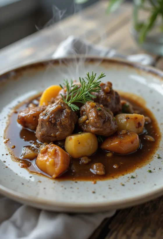 Lamb stew with rosemary served in a rustic bowl.