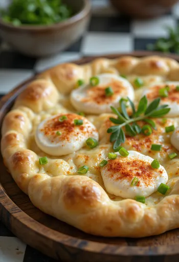Manakish juustolla, tuoreella kevätsipulilla, kullanruskeassa taikinassa