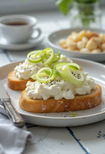 Täysjyväpaahtoleipä rahka-purjokreemillä voideltuna vaalealla lautasella