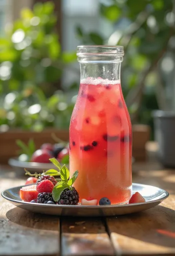 Probioottinen hedelmillä maustettu kombucha värikkäillä hedelmäpaloilla pullossa tarjoiltuna