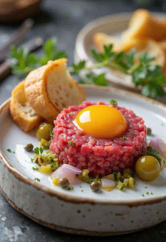 Steak Tartare tarjoiltuna munankeltuaisen ja paahtoleivän kera